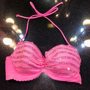 💗VICTORIA SECRET SEXY BIKINI BLING JELLY RHINESTONE GEM SWIM TOP 34C SMALL